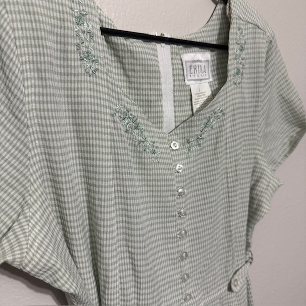 Erika Studio Vintage Green Gingham Floral Embroidered Maxi Dress Retro Cottage